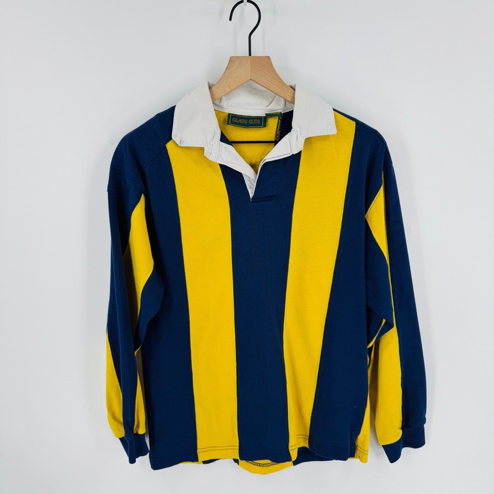 Vintage Rugby‎ Style Old Money Preppy Shirt Navy Blue Yellow Stripe Fits Size M